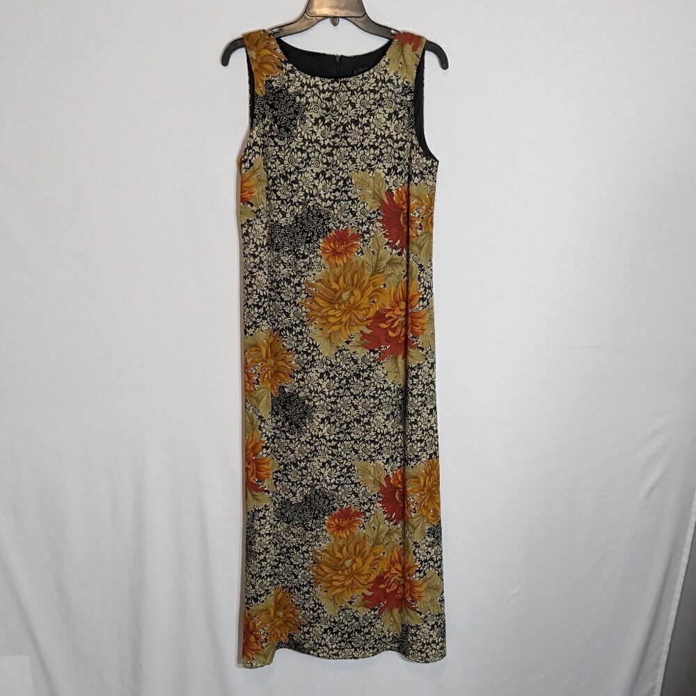 VIRGO Orange/Black Lined Chiffon Sleeveless Straight Maxi Sheath Dress; Size 8